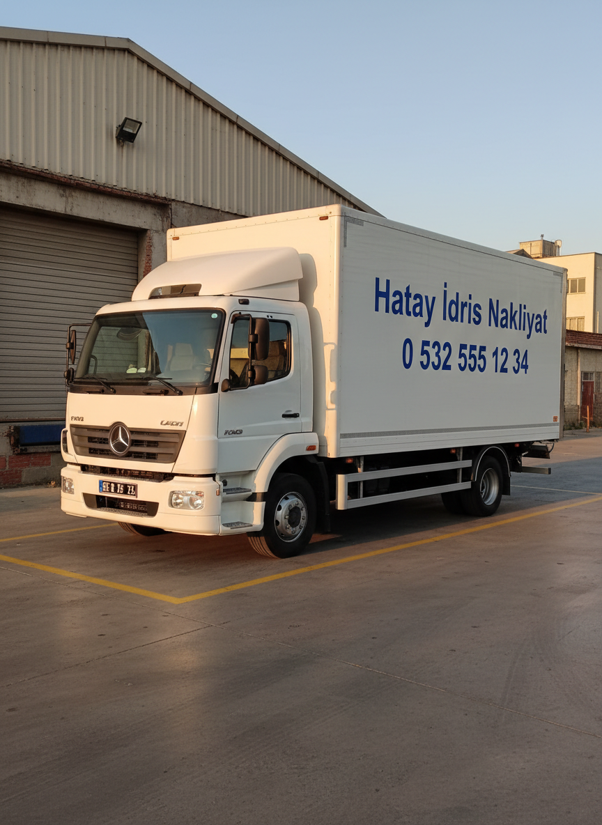 A modern white medium-sized cargo truck with “Hatay İdris Nakliyat” and a bold phone number printed cleanly on the side of the closed box, parked neatly in front of a small urban warehouse in Hatay. The asphalt is dry and slightly reflective, with yellow loading bay markings leading toward the truck. Late afternoon natural light casts soft, warm highlights on the truck’s glossy paint and gentle shadows underneath. Captured at eye level with a slight three-quarter angle, the truck dominates the frame while the background remains subtly blurred. The mood is professional and reliable, emphasizing safe, insured transportation. Photographic realism with a clean, corporate look suitable for a business homepage hero image.