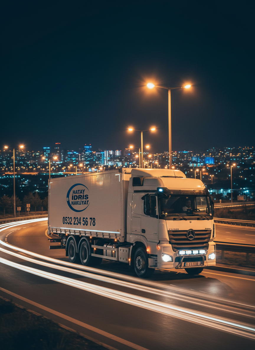 A nighttime scene of a sturdy white cargo truck from Hatay İdris Nakliyat driving along a well-lit city ring road, its headlights and orange side markers creating clean light trails against the dark asphalt. The truck’s logo and phone number are clearly visible on the illuminated side panel. Streetlights cast pools of warm light, reflecting subtly off the truck’s metallic surfaces, while distant city buildings form a soft bokeh background. Captured from a low-angle side perspective with a slight motion blur on the wheels, the image feels dynamic yet controlled. The mood is energetic and dependable, emphasizing 7/24 service and continuous operation. Photographic realism with a cinematic, high-contrast look that highlights speed, safety, and reliability.
