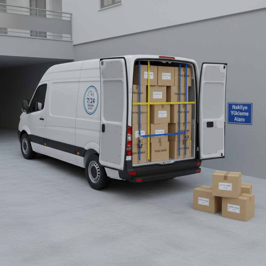 An immaculate white light-duty kamyonet with an enclosed cargo box, neatly stacked with securely strapped cardboard moving boxes visible through the open rear doors, positioned at the base of an apartment building ramp. The vehicle rests beside a clearly marked “Nakliye” loading area, with organized rows of labeled boxes on a clean concrete surface. Early morning overcast light provides soft, diffused illumination, eliminating harsh shadows and emphasizing clarity. Shot from a slightly elevated three-quarter rear angle, the composition leads the eye from the foreground boxes to the kamyonet. The atmosphere is calm, efficient, and trustworthy, conveying 7/24 availability and orderly service. Photographic realism with a crisp, modern aesthetic that communicates professionalism in local moving operations.