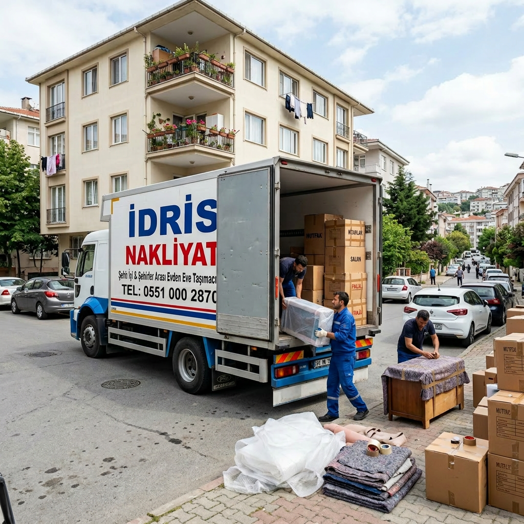 Movers handling and unpacking furniture and boxes outside a moving truck on a residential street