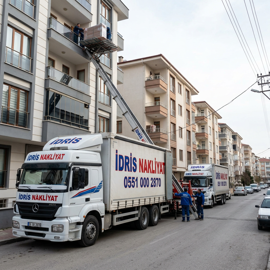 Moving truck with hydraulic lift transporting boxes from apartment balcony