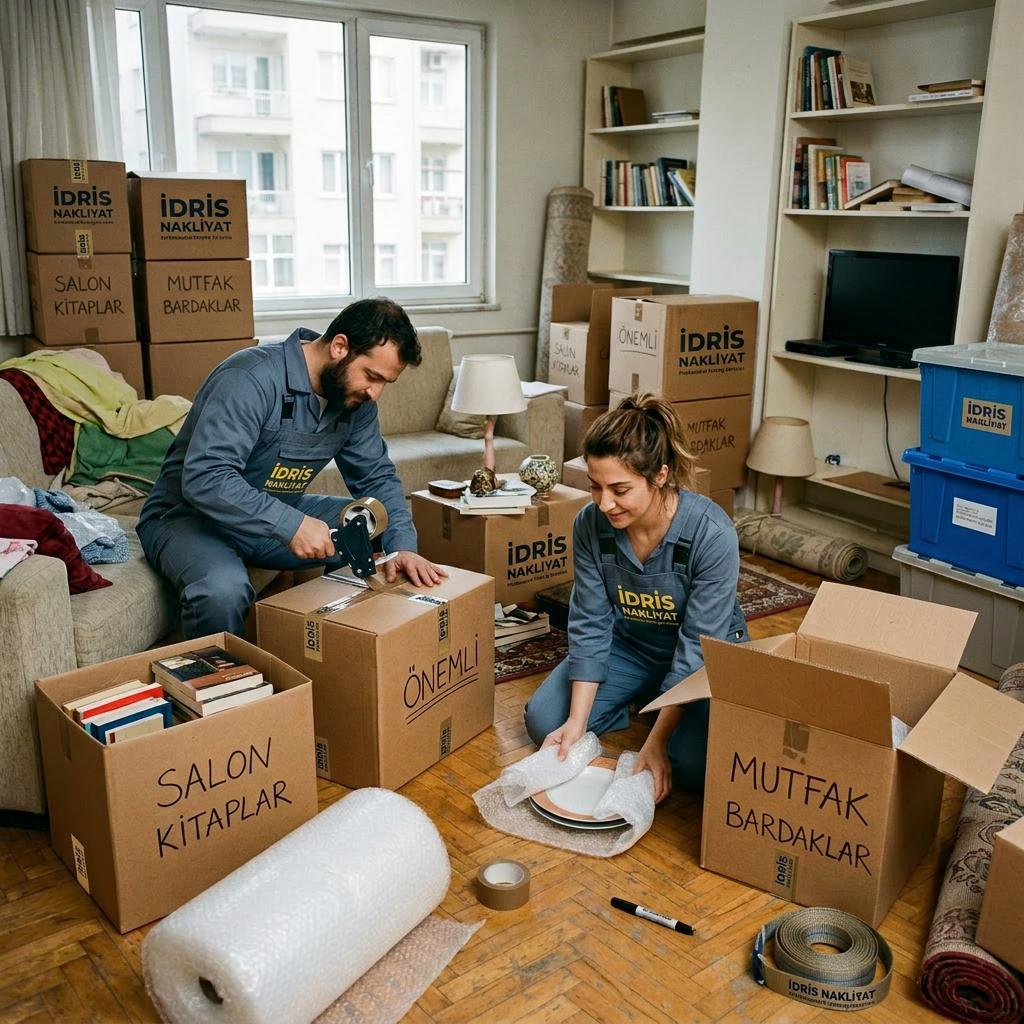 Man taping a cardboard box and woman wrapping plates with bubble wrap surrounded by packed boxes labeled in Turkish