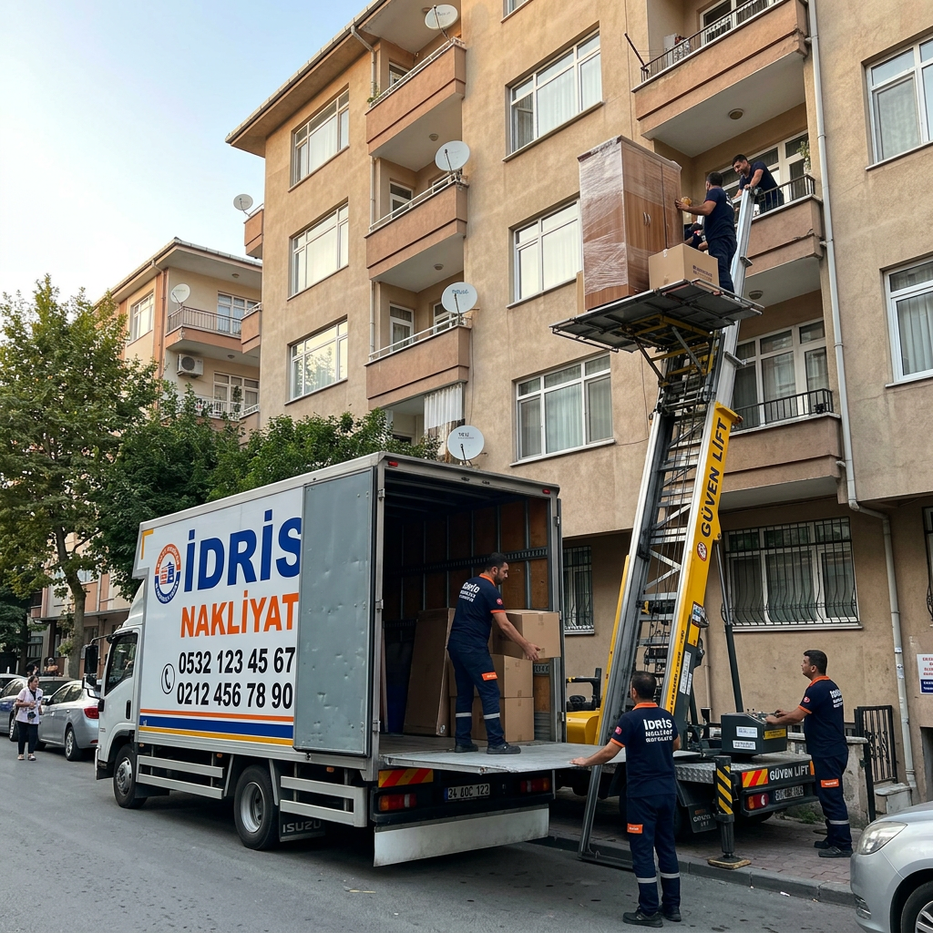 Moving crew using hydraulic lift to move furniture to apartment balcony